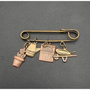 Bronze Tone Lightweight Gardening Themed Safety Pin Charm Brooch